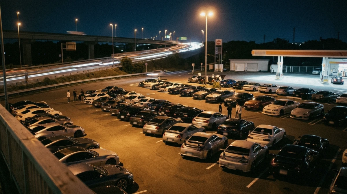Sports cars filling the Daikoku PA rest area on a Friday night on a daikoku pa tour in Yokohama