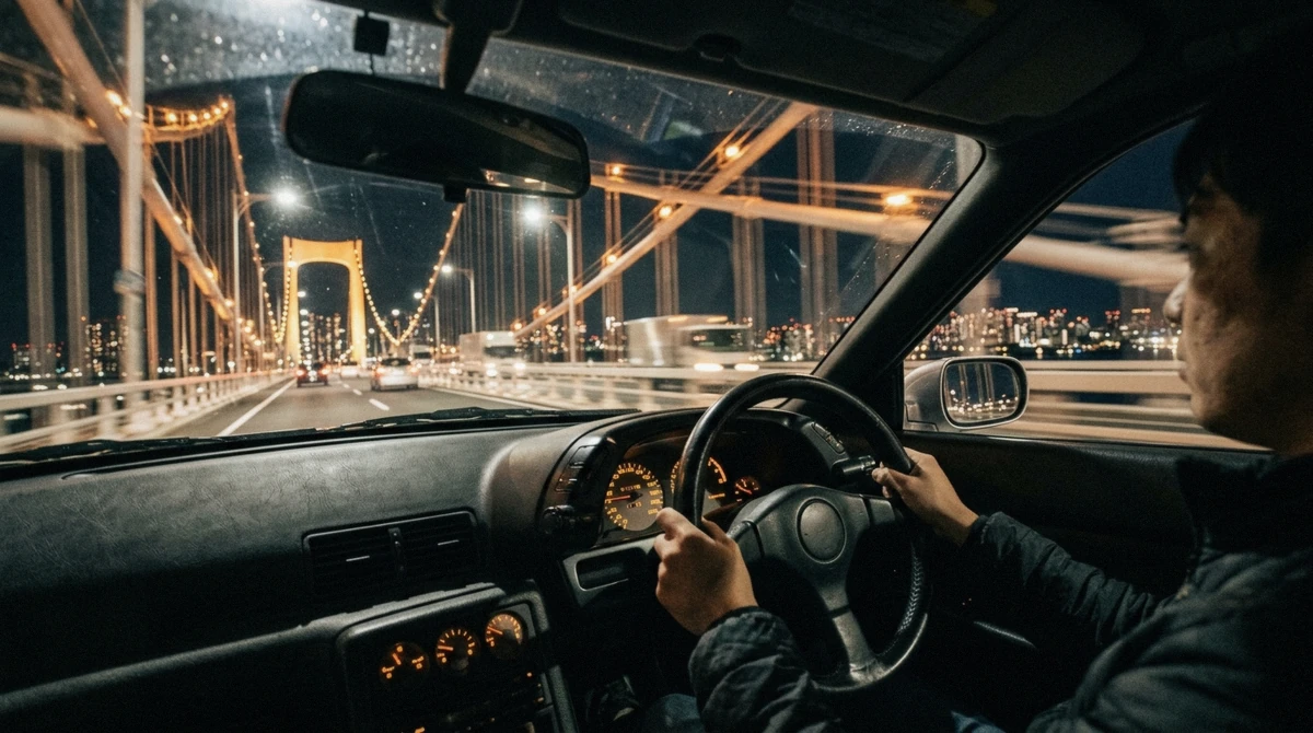 Passenger riding in a tuned Skyline crossing the Rainbow Bridge at night on a daikoku pa tour in Tokyo