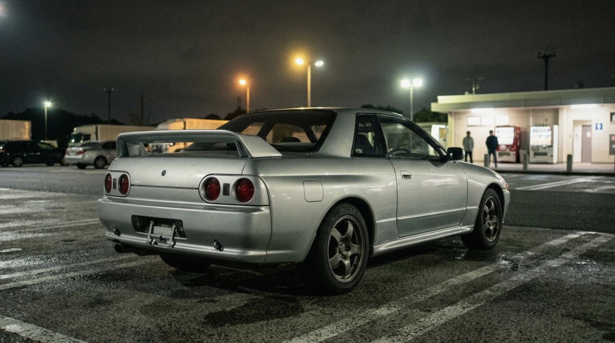 A silver Nissan Skyline GT-R parked at a rest area at night on a Nissan GT-R experience in Tokyo