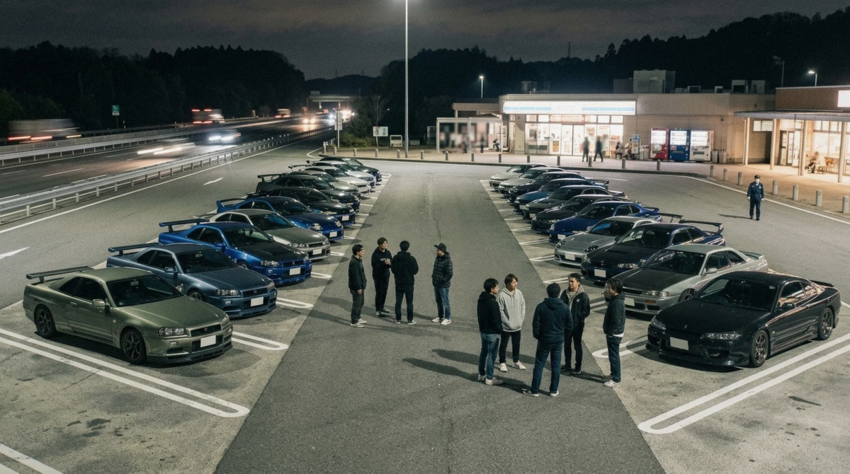 Police patrol car passing a calm row of parked JDM cars at night at the legal Daikoku PA car meet