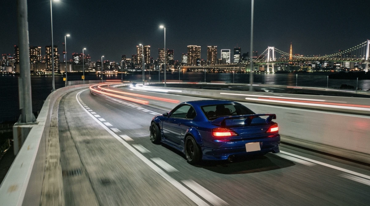 A modified coupe on the elevated bayside expressway with the Rainbow Bridge behind on a Tokyo night highway drive tour