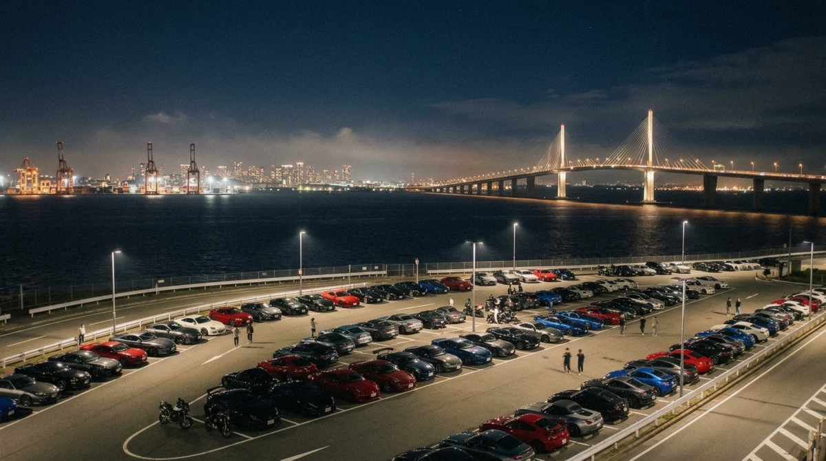 Rows of modified Japanese cars at a floodlit bayside lot, one of the Tokyo JDM night spots on the Daikoku run