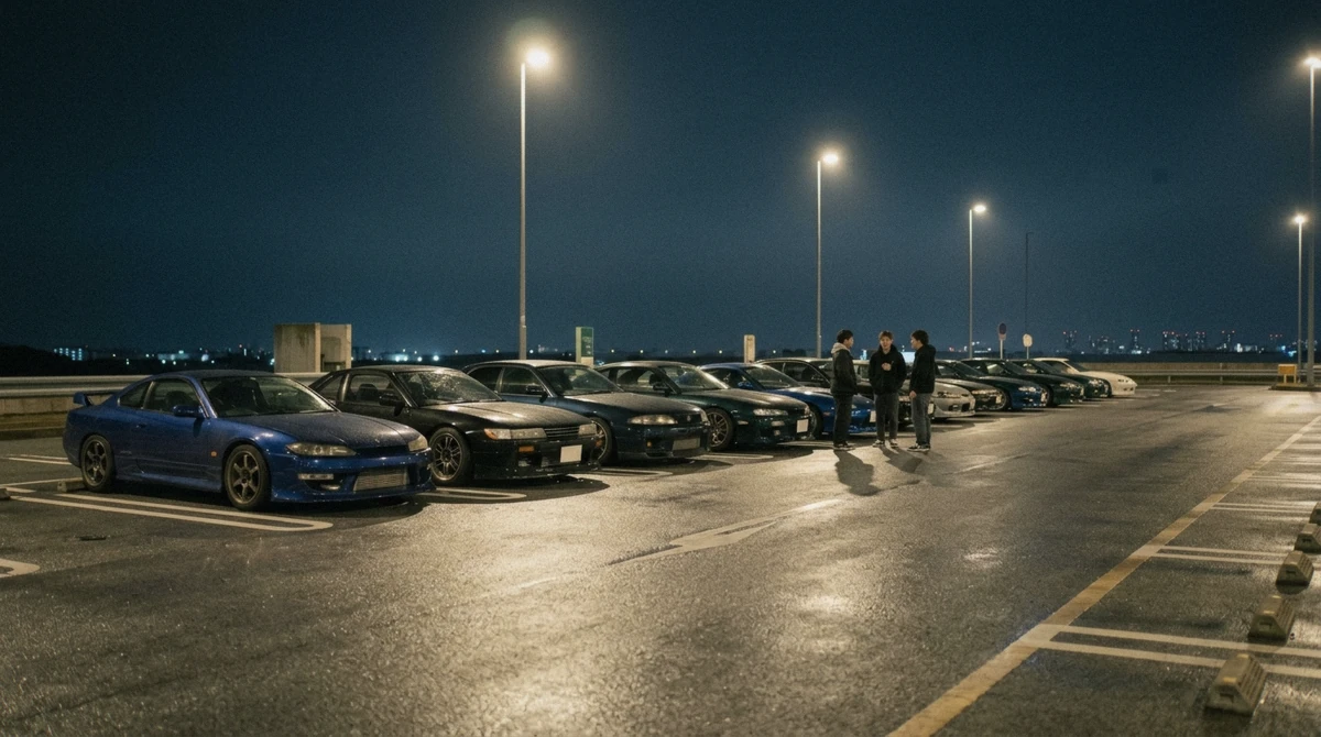Rows of tuned JDM cars gathered under floodlights at night on a daikoku pa tour near Yokohama